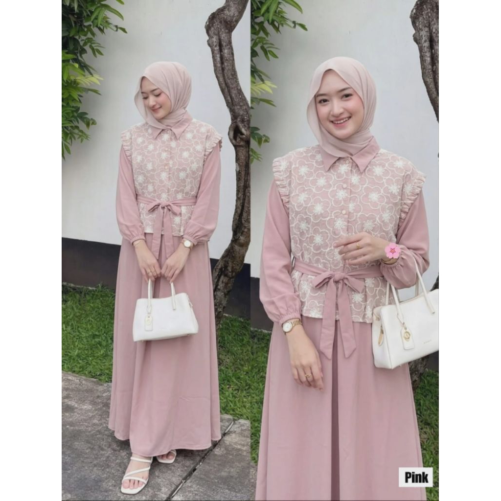 Gamis Wanita Korean Style Terbaru Bahan Marina Marbela Mix Rompi Embordery Dress Wanita Elegan Outer