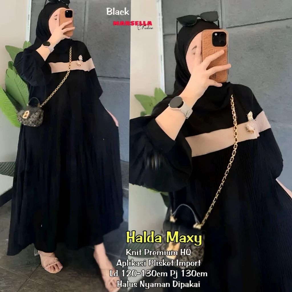 Halda Maxy Dress Gamis Wanita Muslimah Knit Premium Plisket Ori | LD 120–140cm Panjang 130cm