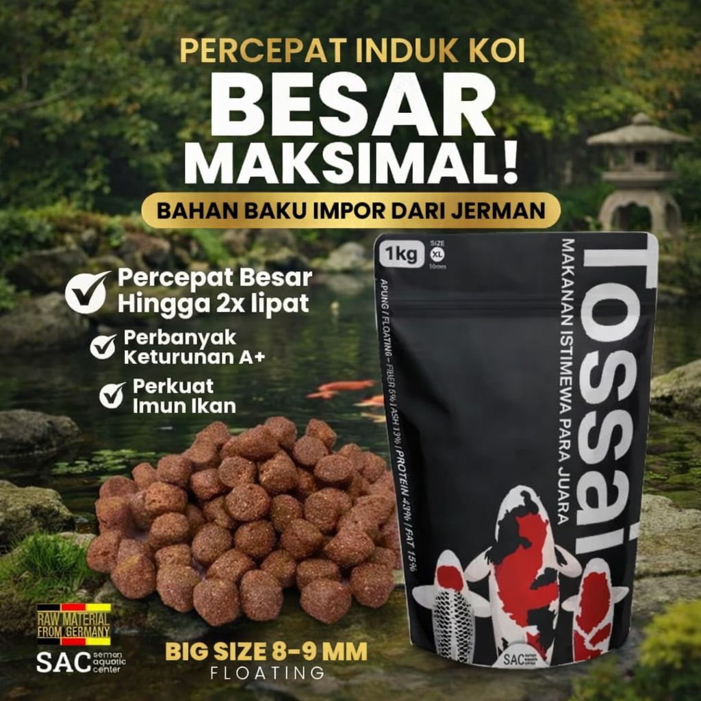 Pelet Ikan Indukan KOI [ PREMIUM ] | TOSSAI - 1 Kg | Pembesaran Growth Koi 8mm - 9mm