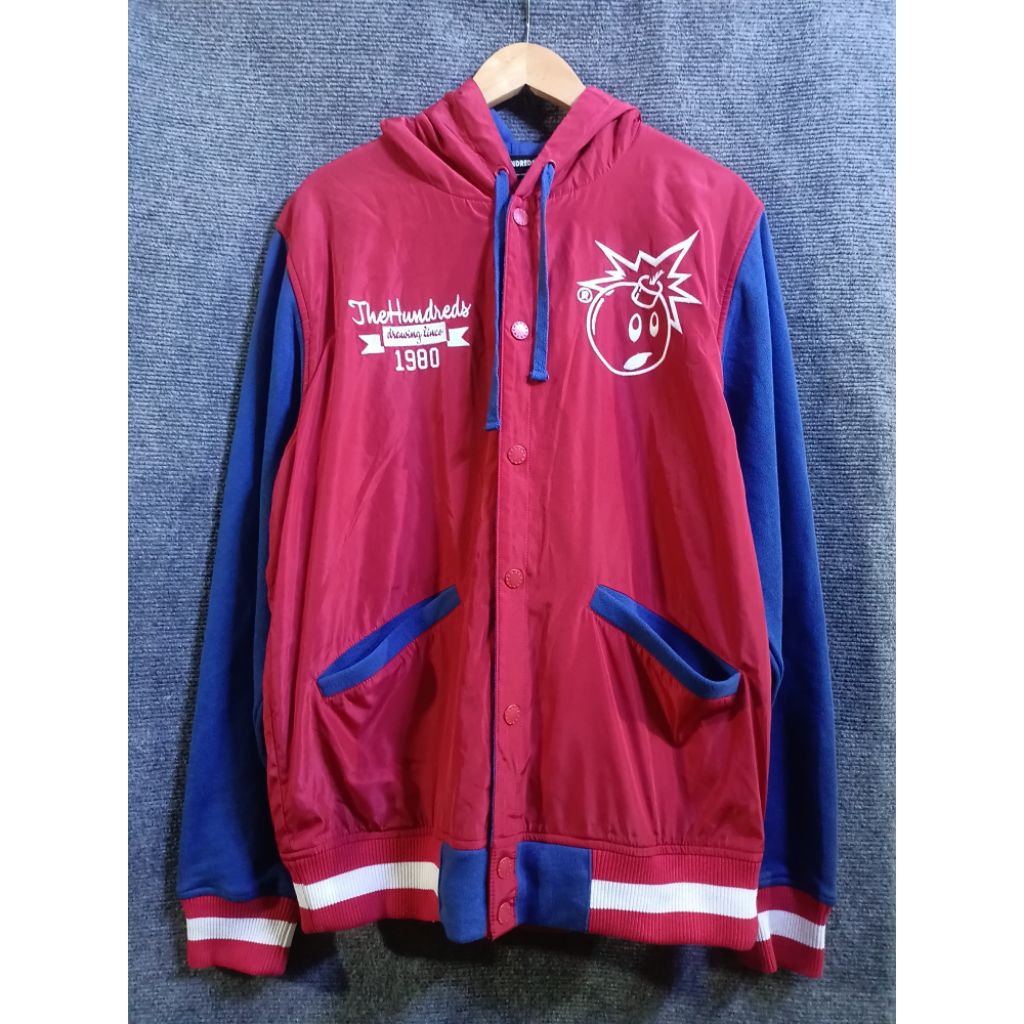 The Hundreds X Drawing Lines Red And Blue Hooded Varsity Jacket