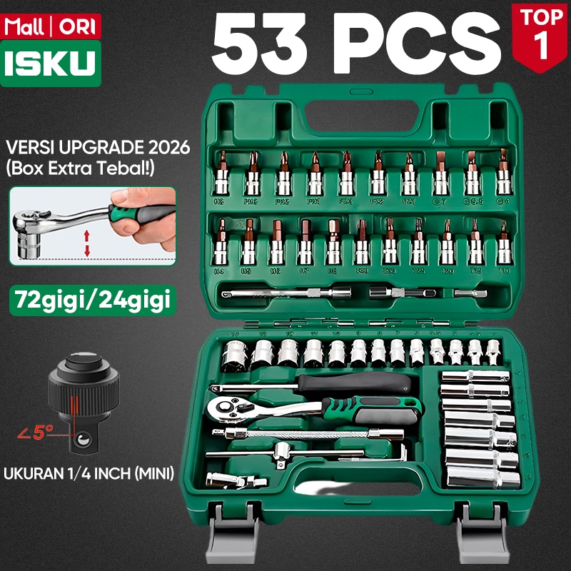 ISKU Kunci Sok Set 53 Pcs 1/4 Inch Tool Kit Socket Wrench Set Lengkap Ratchet Mini Mata Obeng Hex To