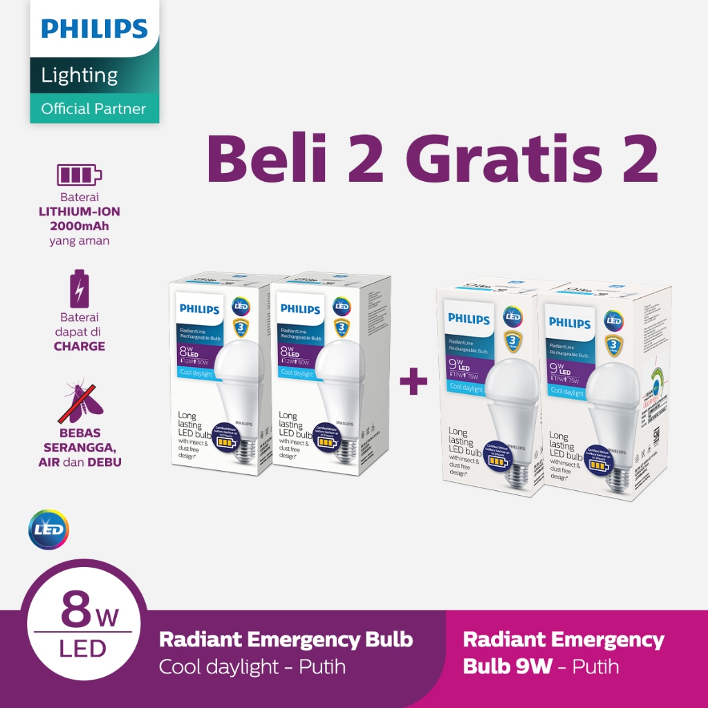 Beli 2 Philips Lampu Emergency Rechargeable 8W 6500k Putih Gratis 2 Lampu LED 9W 6500k Putih