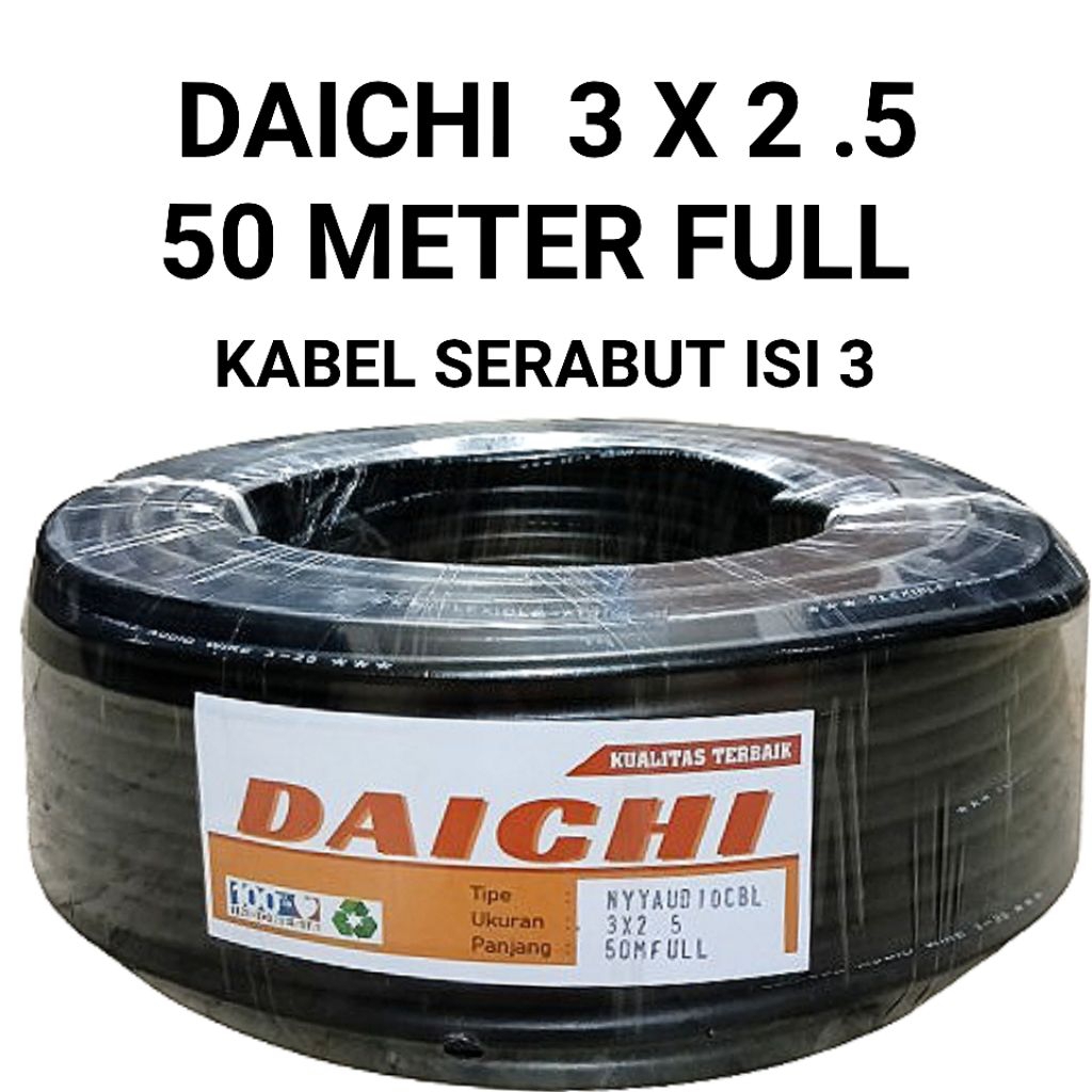 Kabel Listrik DAICHI 3X2,5 50 METER 1 roll warna Hitam isi 3(serabut)Kabel listrik/audio serbaguna