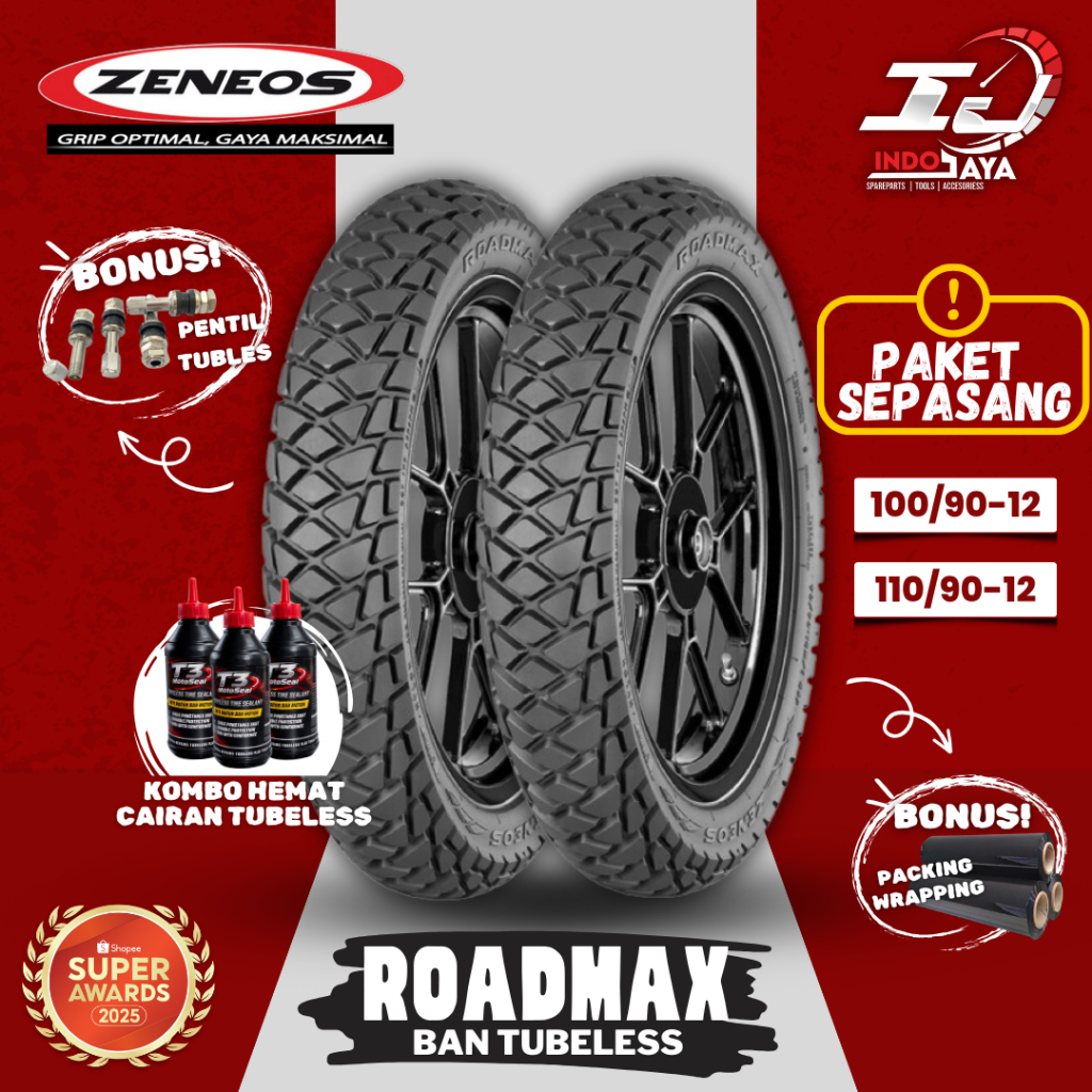 [HARGA SEPASANG] BAN ZENEOS ROADMAX DUAL PURPOSE (100/90-12 - 110/90-12) BAN TUBELESS DEPAN BELAKANG