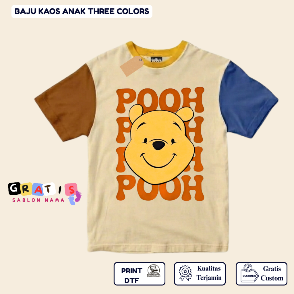 shabira tas  - Kaos Anak POOH  - Kaos Anak Pendek Three Colors Dino - Kaos Anak Sablon Nama