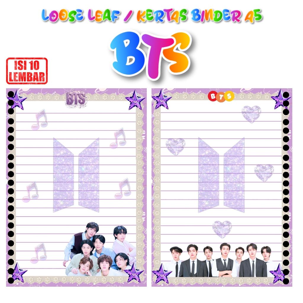 Loose Leaf / Kertas Binder BTS ALL MEMBER A5 Tebal 100 gsm isi 10 lembar