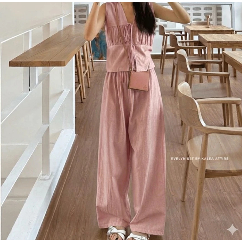 Evelyn One Set Bahan katun Set Baju crop + Celana Kulot Stelan Wanita Kekinian OneSet Lucu Viral COD