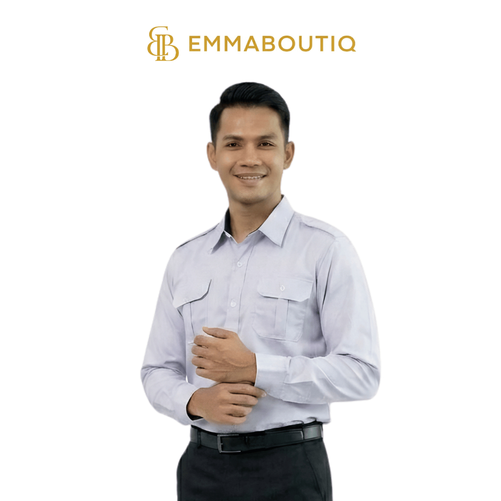Seragam PDH Putih Pria Lengan Panjang / Baju PDH Pria Kerah Hitam dan Putih Pakaian Kerja