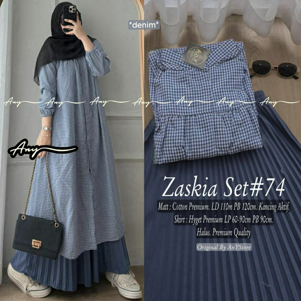 Zaskia set long tunik remaja muslimah bahan katun motif kotak kotak