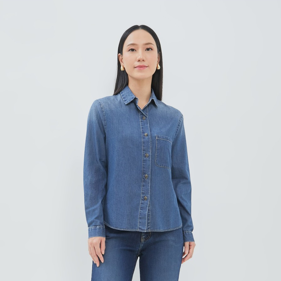 Geela Official - Aneska Dark Blue Denim Shirt (G.11682) | Kemeja Wanita