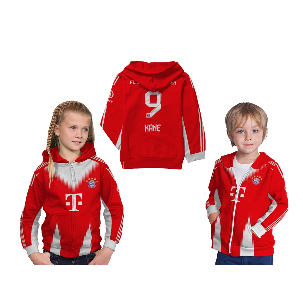 Jaket Hoodie Zipper Anak FC Bayern Munhen 2025 - 2026 olahraga Sepak Bola Custom Full Print Free Nam