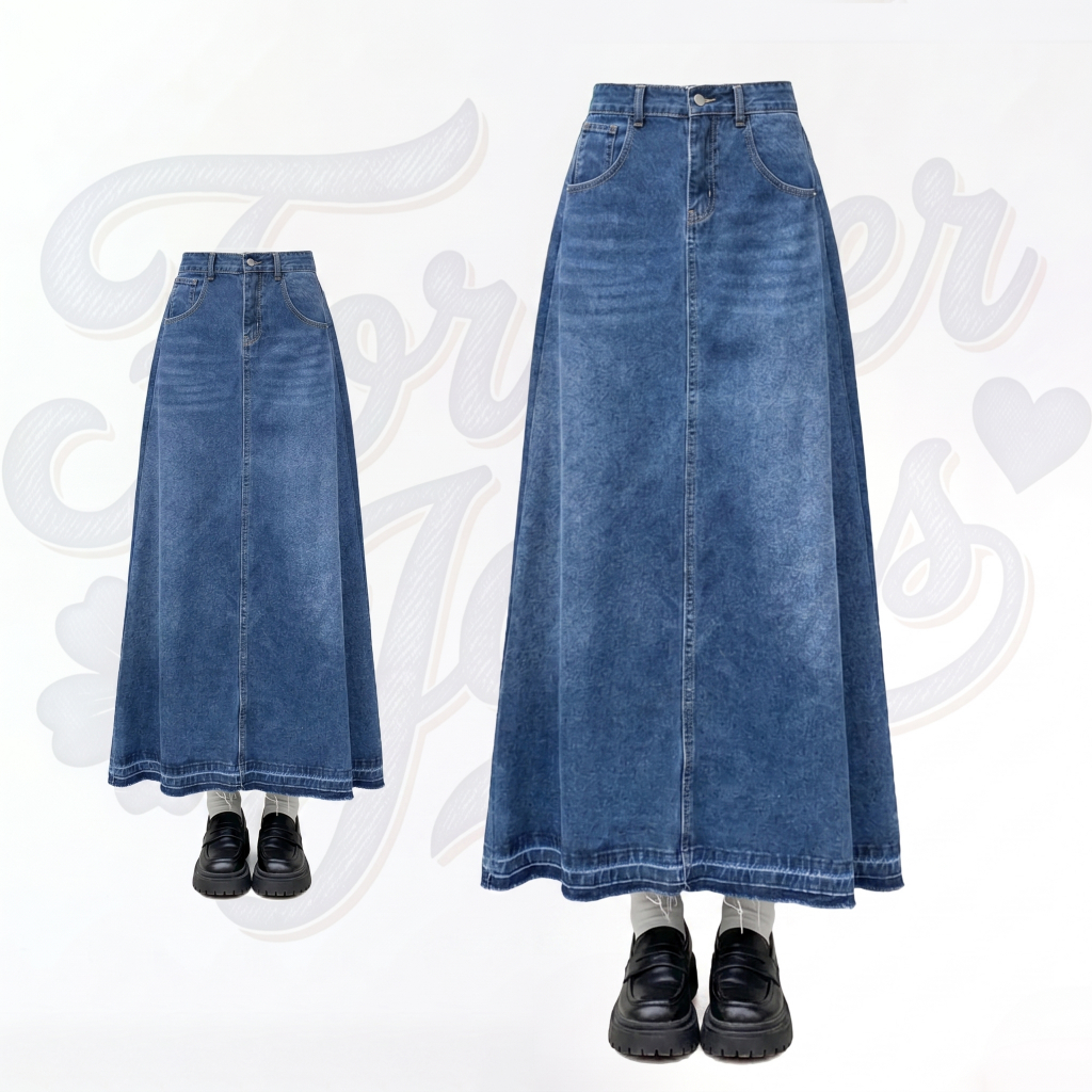 Forever Jeans Rok Pinggang Karet Maxi Jeans Wanita Rok Midi Korean Style Jumbo