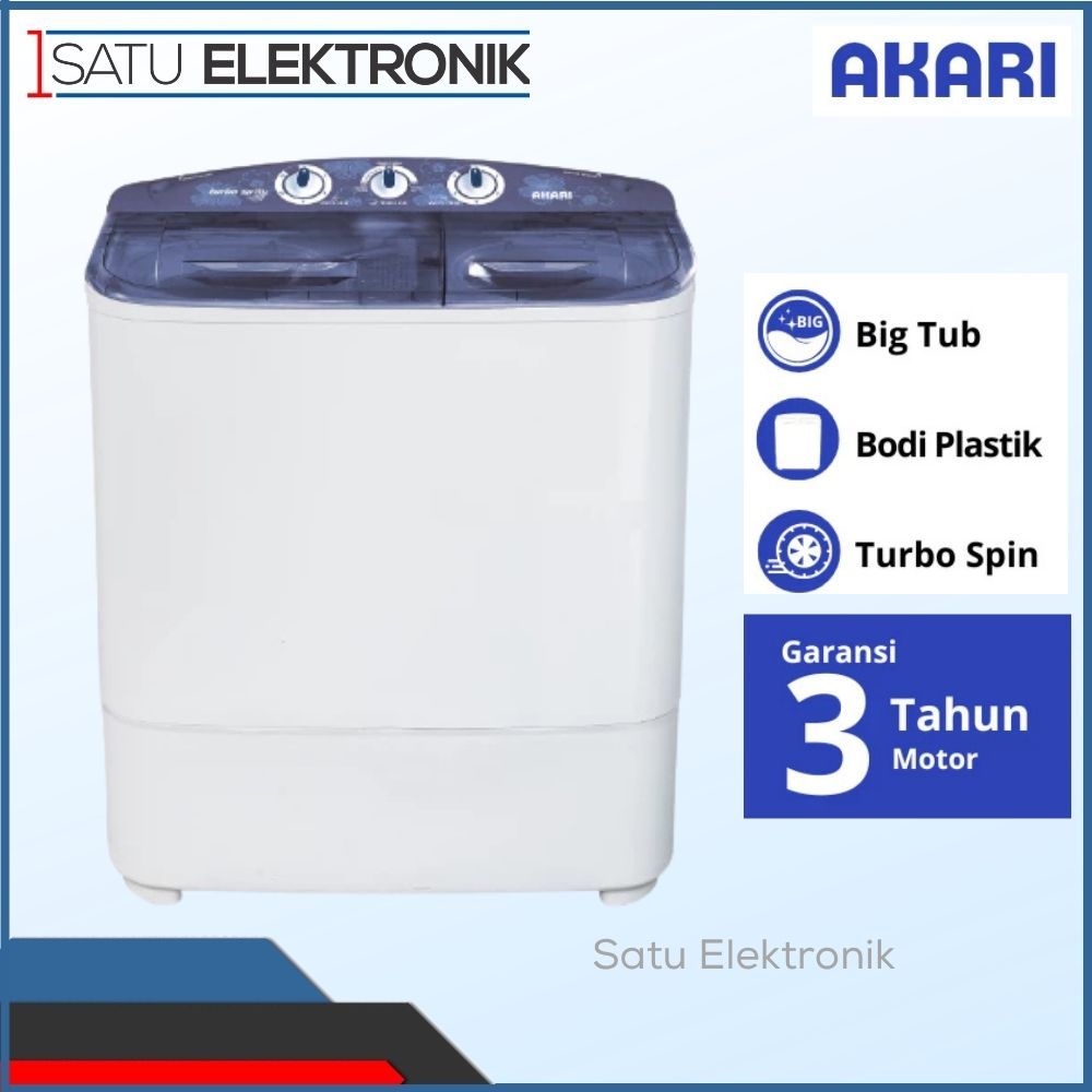 Akari Mesin Cuci 2 Tabung AWM-25U8 Translucent Black 7,5 kg Putih Turbo Spin Hemat Energi
