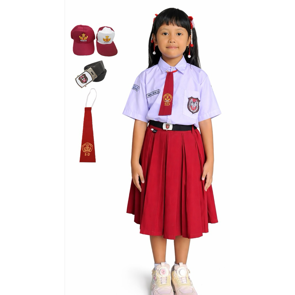 Paketan Seragam Sekolah SD Perempuan Premium FAMATEX Setelan Atasan Lengan Pendek dan Rok Pendek Adu