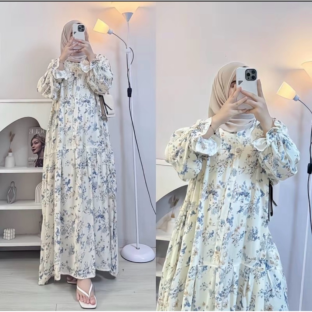 Dress Daisy Bahan Rayon Diamond Premium Muslim Lengan Balon Busui
