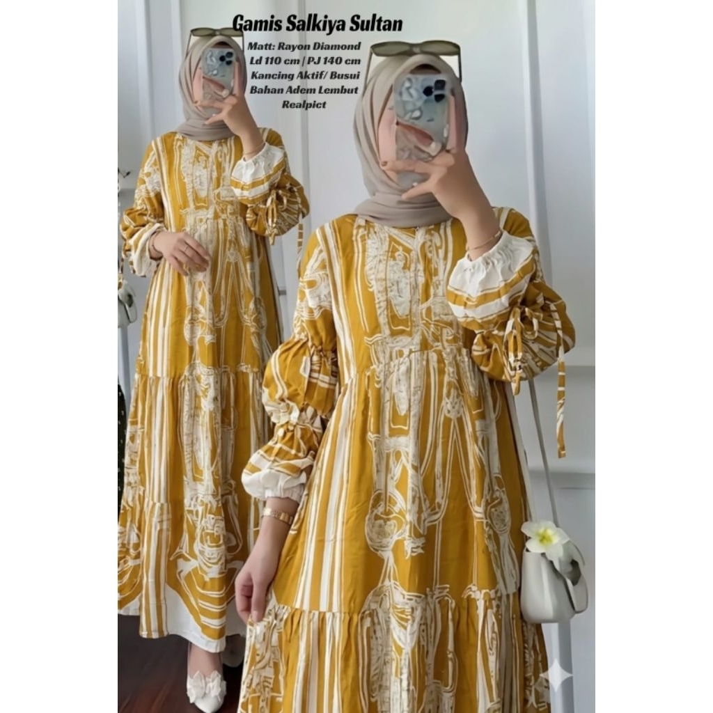Gamis Wanita Motif Hitam Putih / Dress Panjang Elegan Hijab Friendly