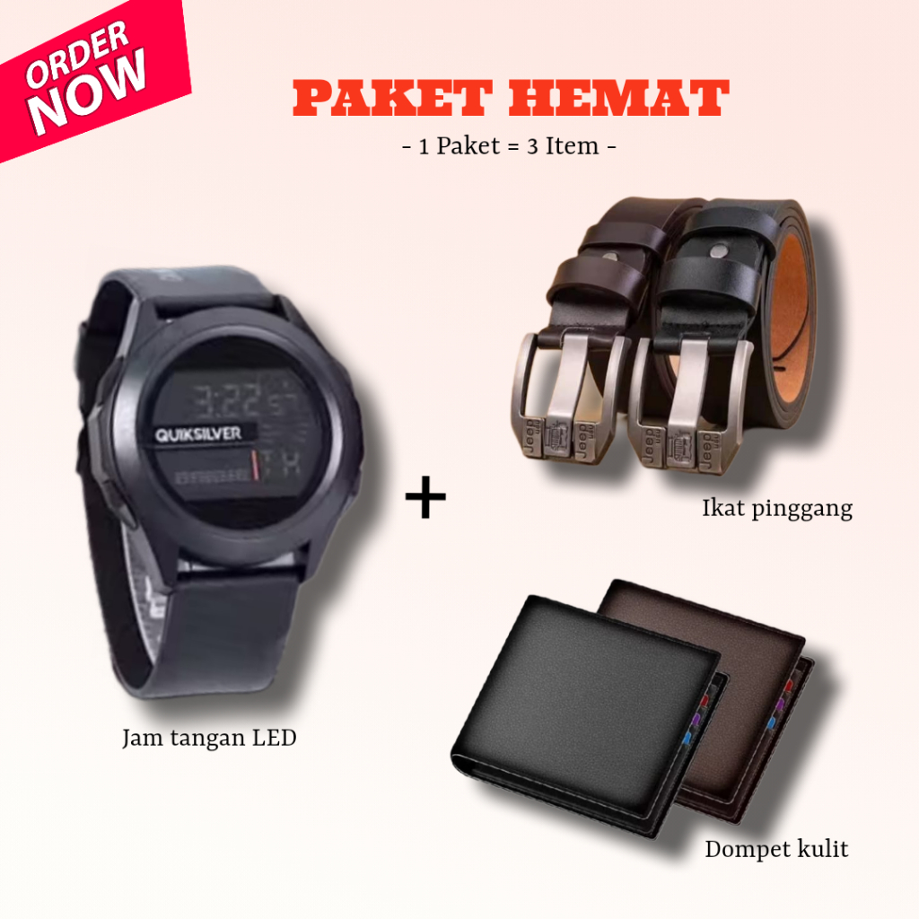 1 PAKET 3 ITEM ...  Jam tangan digital pria tali karet bonus ikat pinggang Jeep & dompet kulit keren