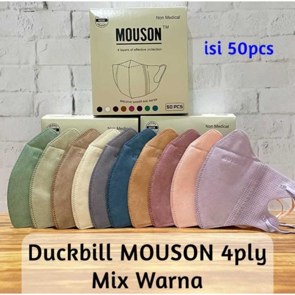 Masker MOUSON 4Ply Kualitas Premium Warna Hitam dan Putih Disposable Face Mask Isi 50 Pcs Duckbill E
