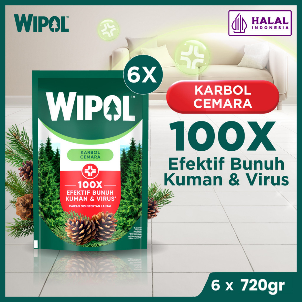 Wipol Pembersih Lantai Cairan Disinfektan Teruji Dermatologis Karbol Cemara 720g  x6