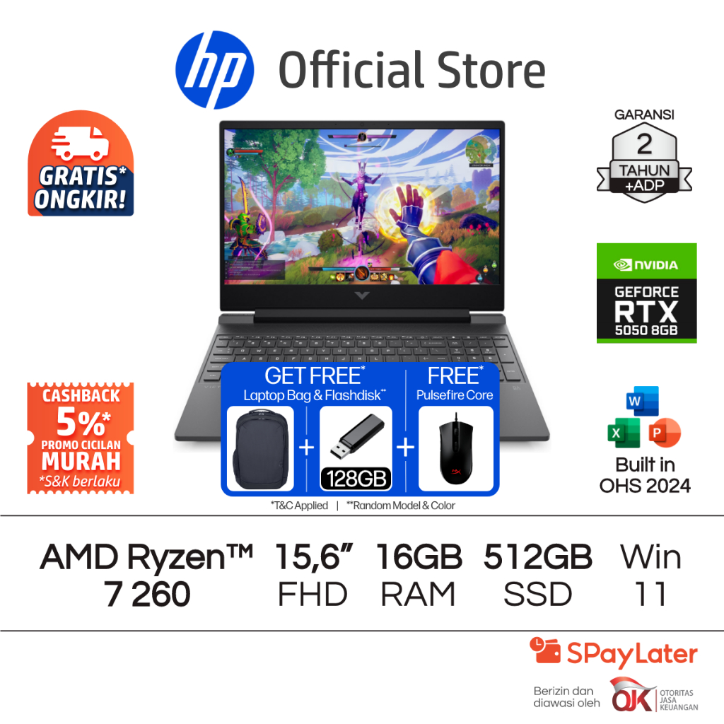 Victus Laptop Gaming HP AMD Ryzen 7 NVIDIA GeForce RTX 5050 16GB RAM 512GB SSD Silver Free Windows 1