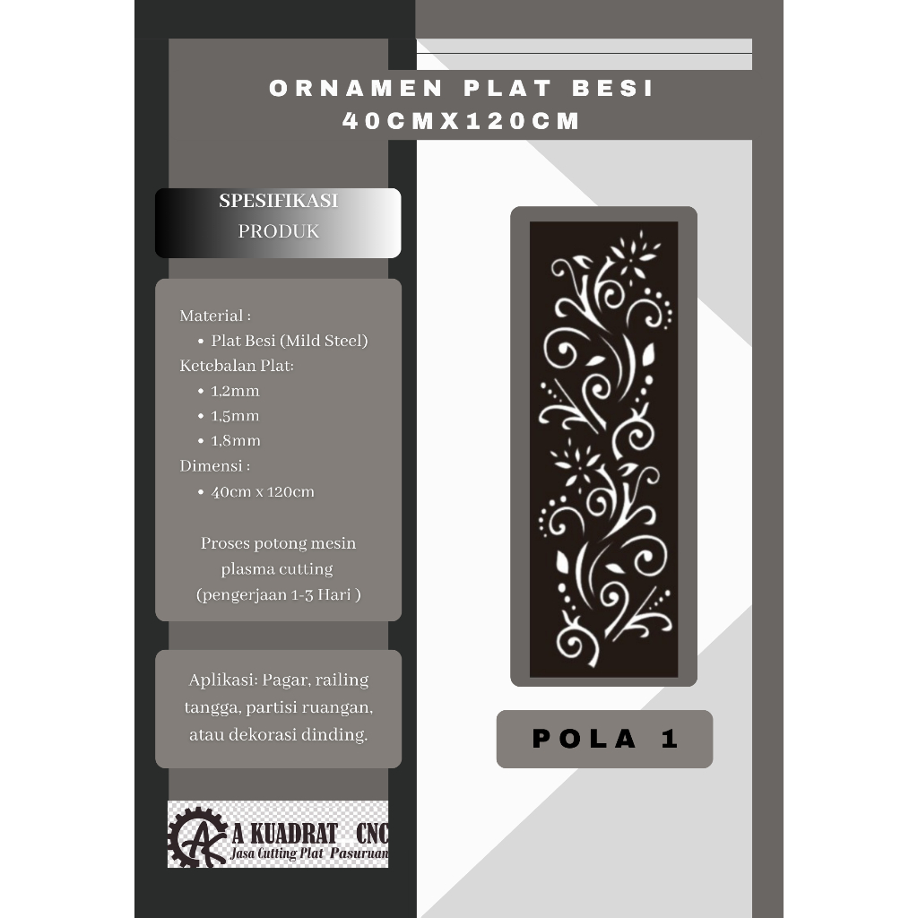 Ornamen Plat Besi CNC Plasma Cutting 40cm x 120cm