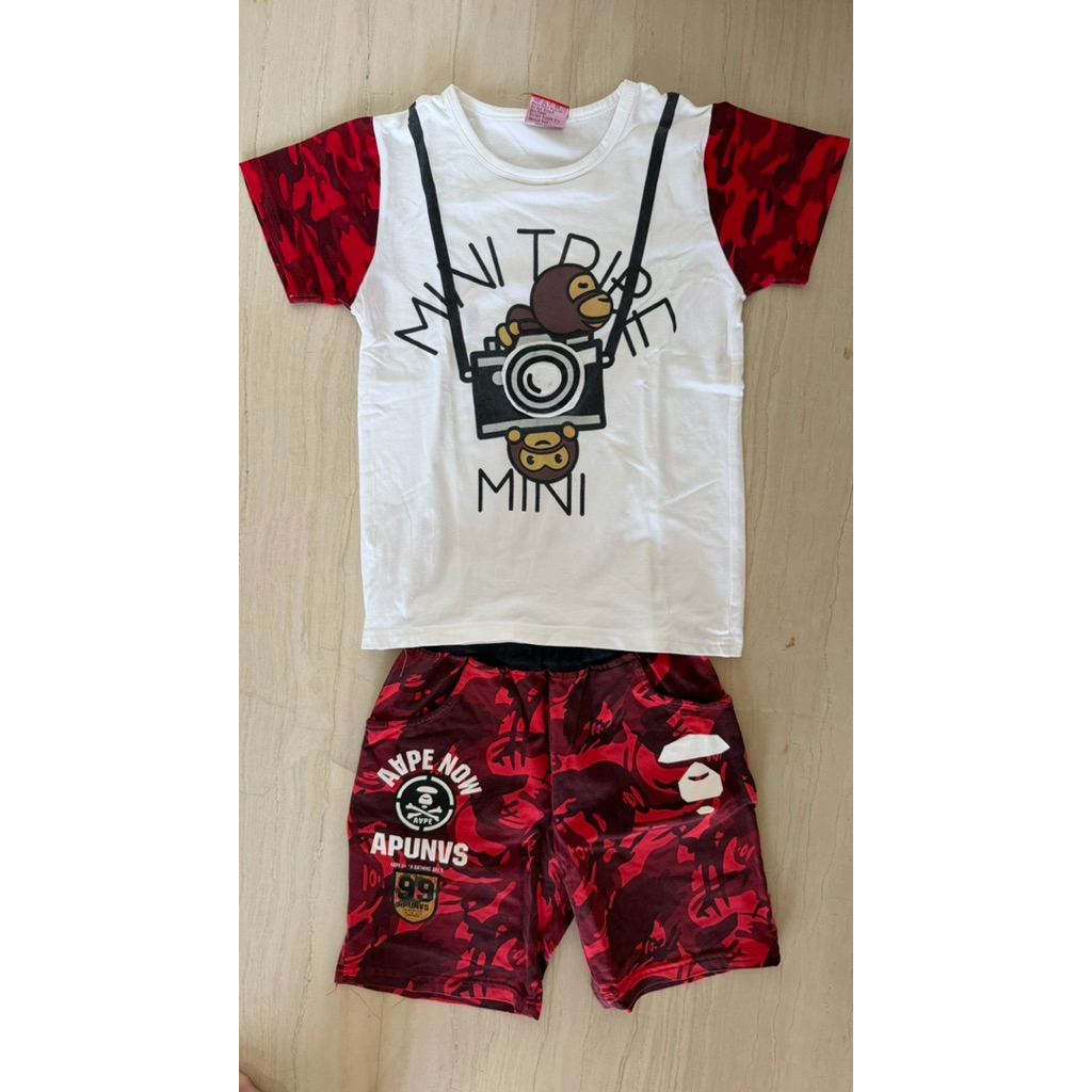 Preloved baju Bape army red one set tshirt and pants Bape Mini Camera 100% Cotton