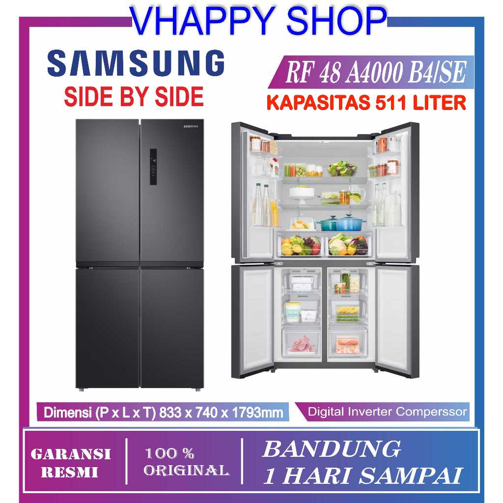 Samsung Kulkas 4 Pintu Side By Side Twin Cooling Plus Digital Inverter 511 Liter RF48A4000B4