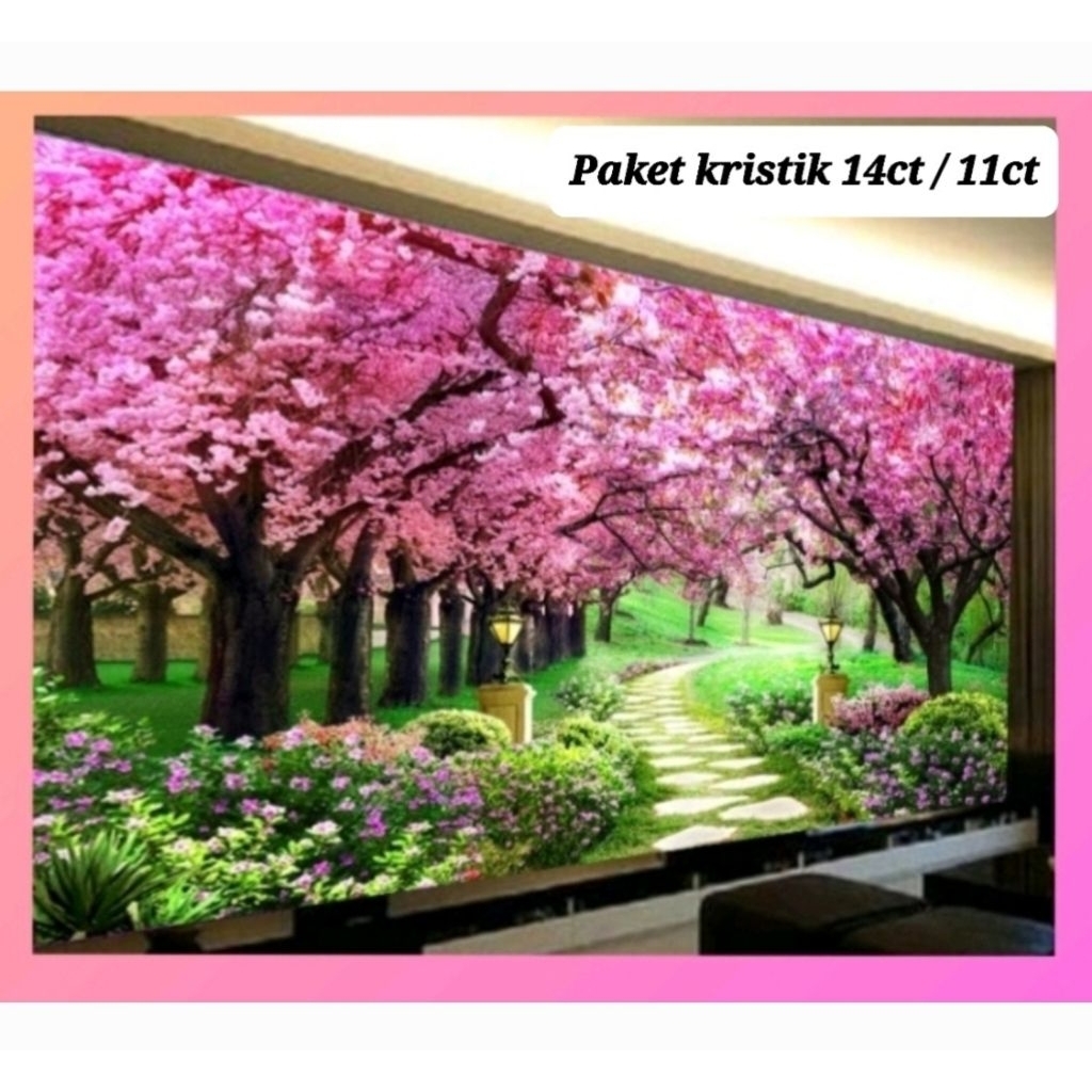 DIY PAKET KRISTIK TAMAN BUNGA POHON SAKURA GARDEN PINK TREE 14CT 11CT CROSS STITCH