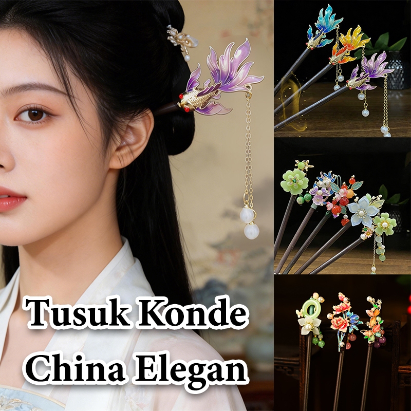 Tusuk Konde Kayu Cina Gaya Retro dengan Hiasan Rumbai