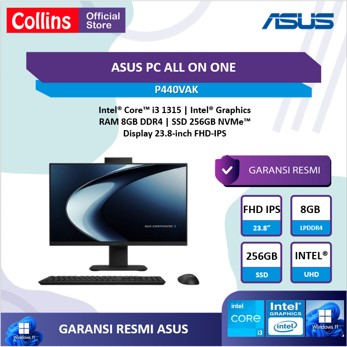 Asus PC AIO P440VAK Intel Core i3 1315 RAM 8GB SSD 256GB W11 PRO + OFFICE PRO ORI 23.8FHD BLK -B3821