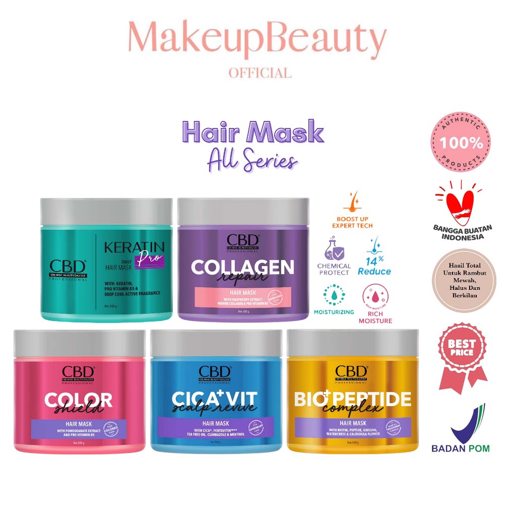 CBD Hair Mask 250g/500g Keratin | Color | Collagen | Cica+ | Peptide - Masker Rambut
