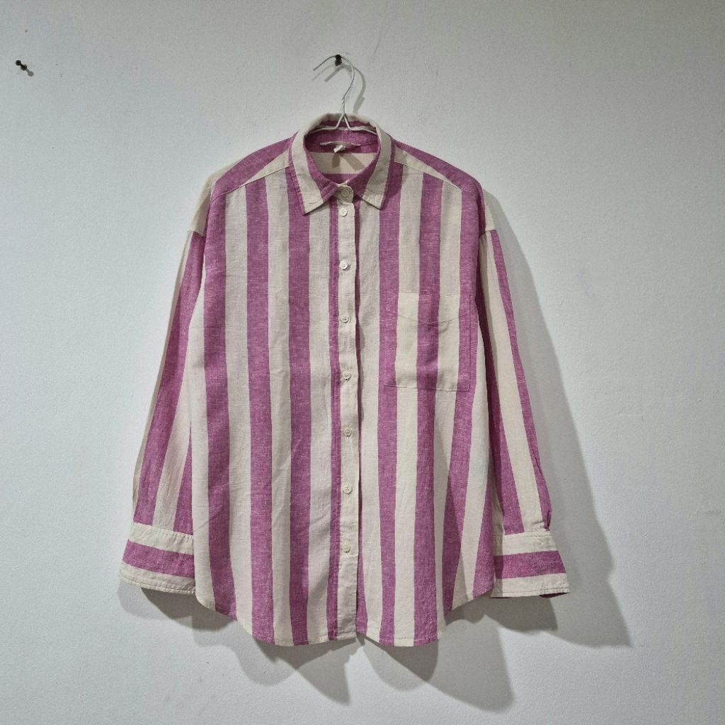 PRELOVED H&M KEMEJA STRIPES WANITA KEMEJA LINEN OVERSIZE KOREAN STYLE