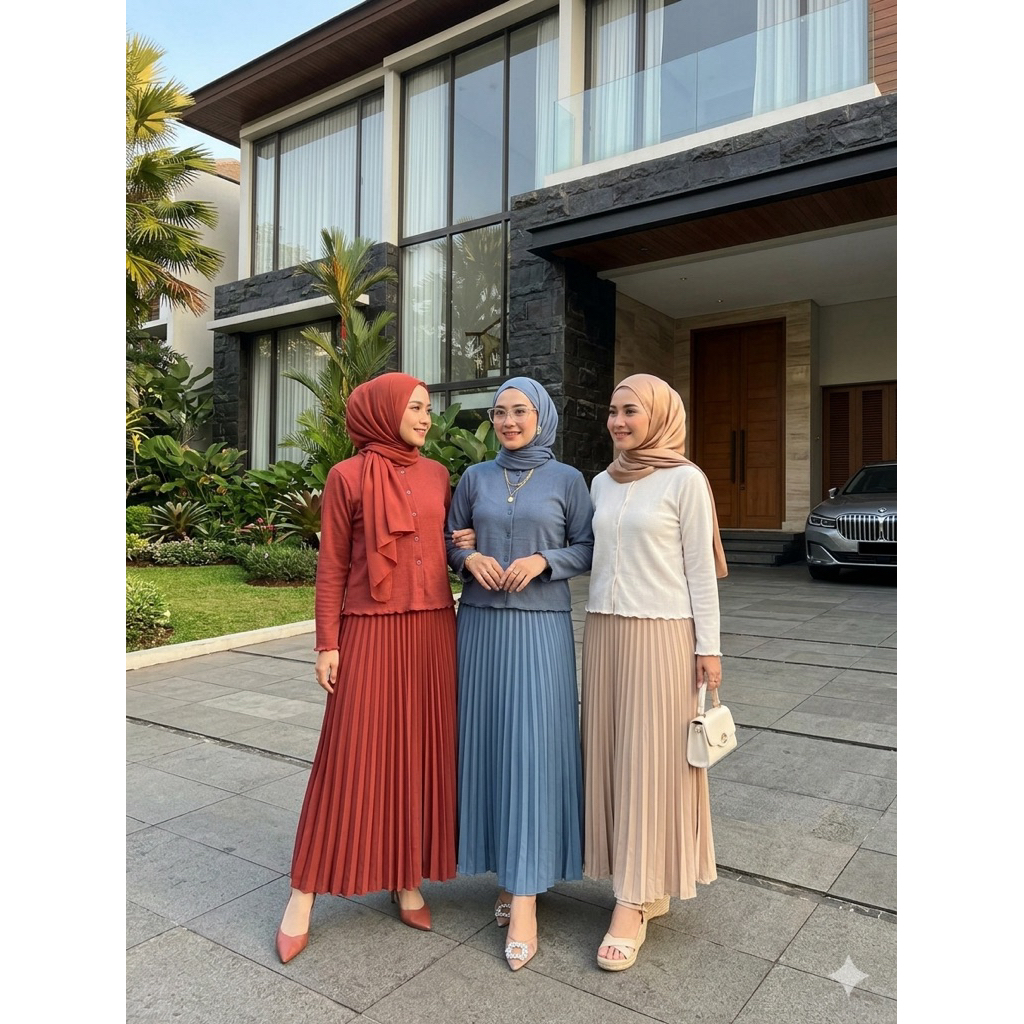 Setelan Wanita Blus Wafela Dan Rok Plisket Polos Panjang Mayung Kekinian