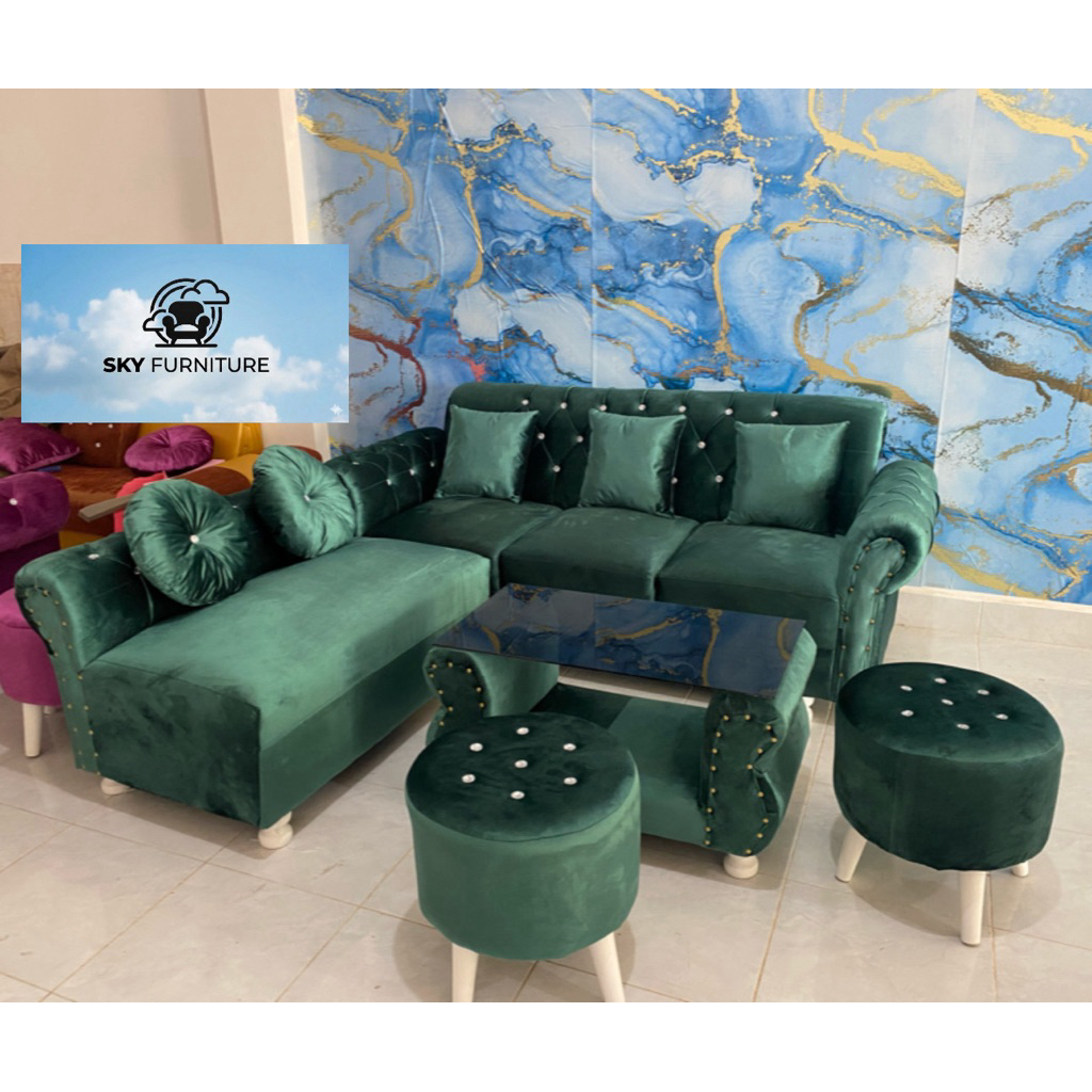 Sofa L kancing + 2 Stool Bulat Sky