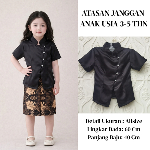 Terbaru Atasan Kebaya Janggan Anak 3-5 Tahun Lengan Pendek Bahan Satin Silk Premium Baju Kartini, Wi