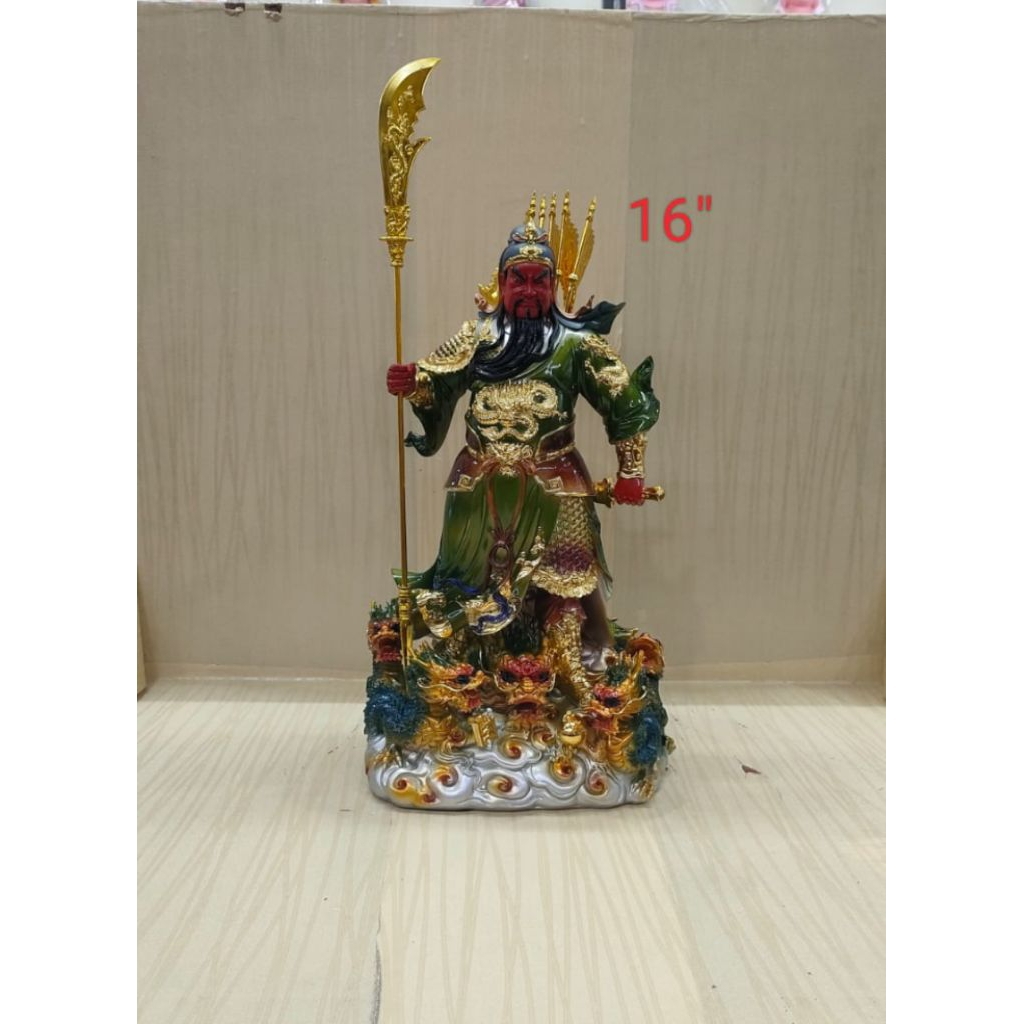 patung dewa kwan kung / kwan kong / guan yu - berdiri - fiber - 16inch