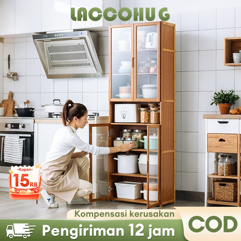 Laccohug Lemari Dapur Lemari Penyimpanan Kayu Lemari Penyimpanan Peralatan Dapur Pintu Transparan