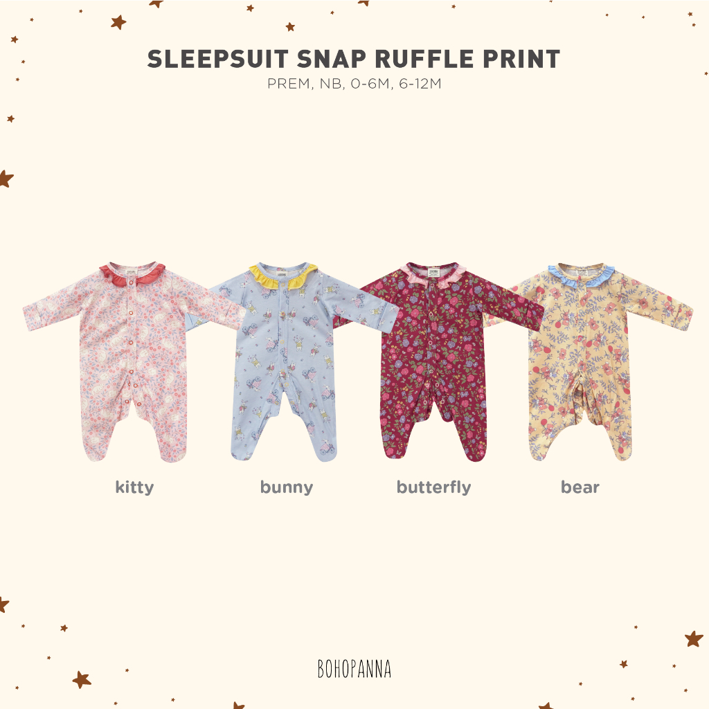 Bohopanna Sleepsuit Snap Ruffle Print | Sleepsuit Snap | Bohopanna Sleepsuit Kancing
