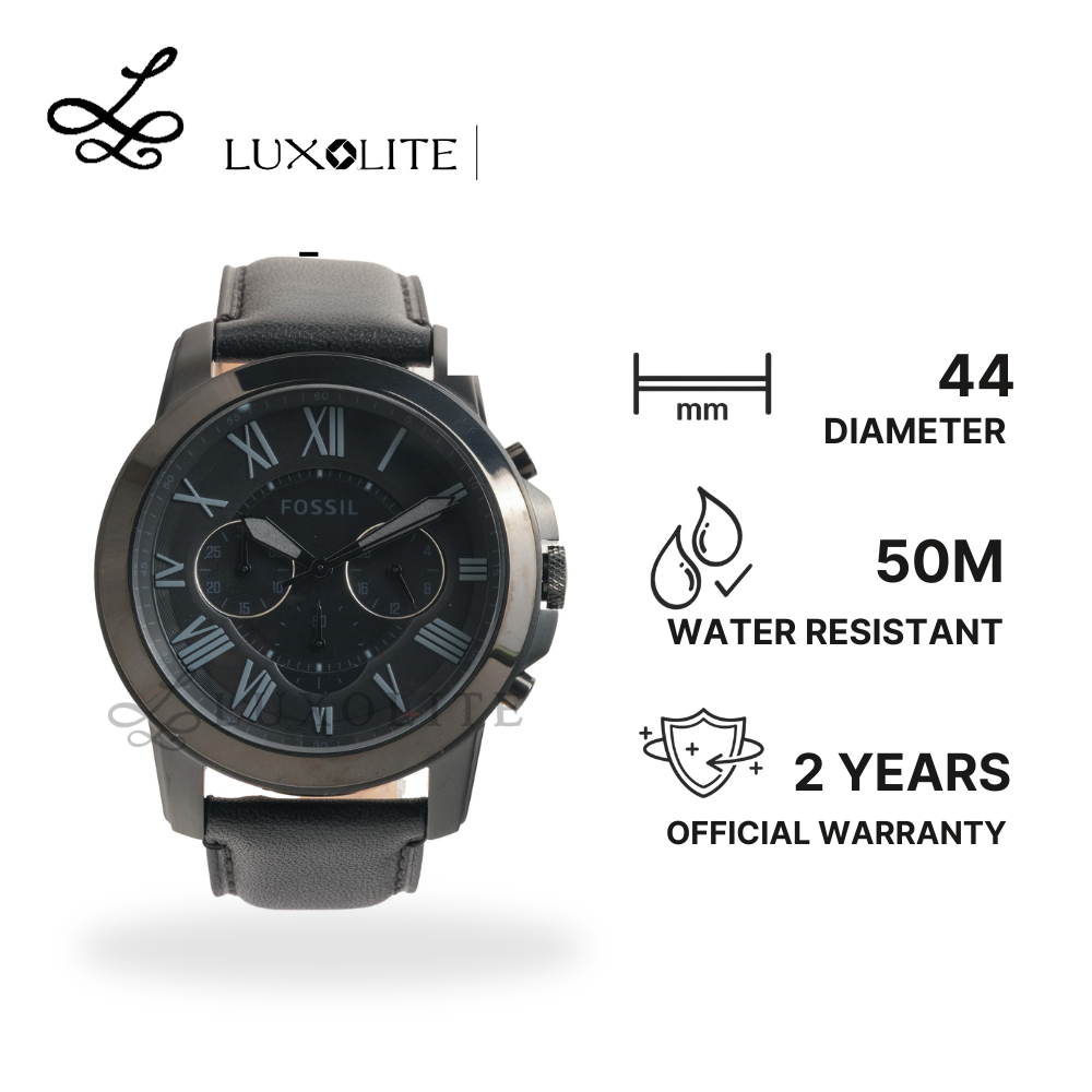[Luxolite] FOSSIL Jam Tangan Pria Grant  Chronograph Stainless Steel Case Black Leather Strap Desain