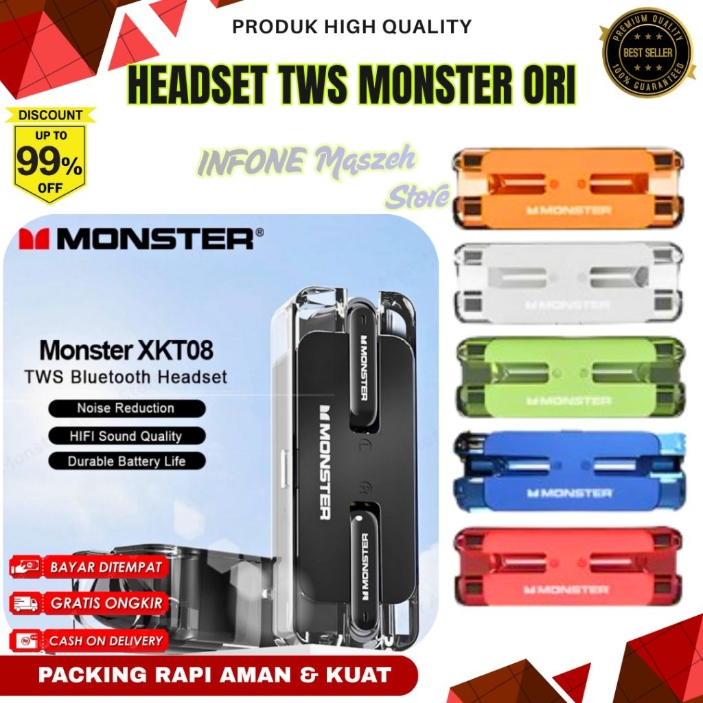 Monster XKT08 TWS Bluetooth 5.3 ENC Low Latency Gaming Bass 13mm Headset Wireless Noise Cancelling T