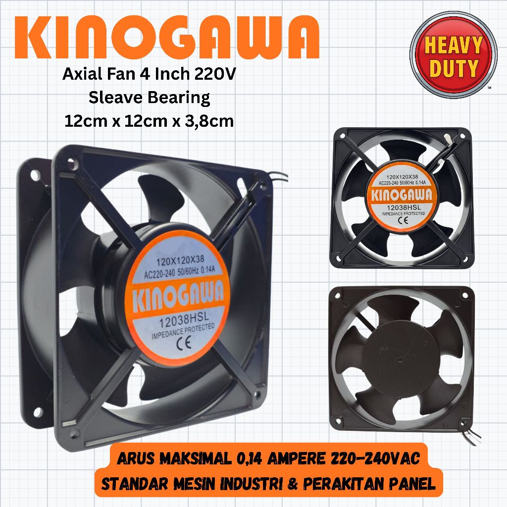 KINOGAWA Kipas Panel Exhaust Axial Fan 220V Bearing 12 x 12 cm kotak metal body HSL 12038 4 inch kip