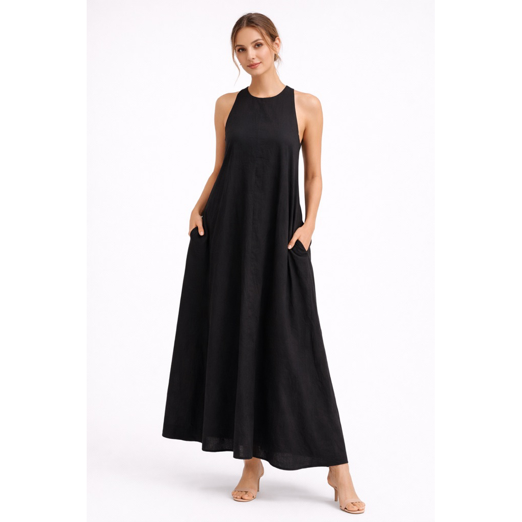 Sleeveless Maxi Dress Polos - Baju Terusan Panjang Wanita Loose Fit Summer Dress"