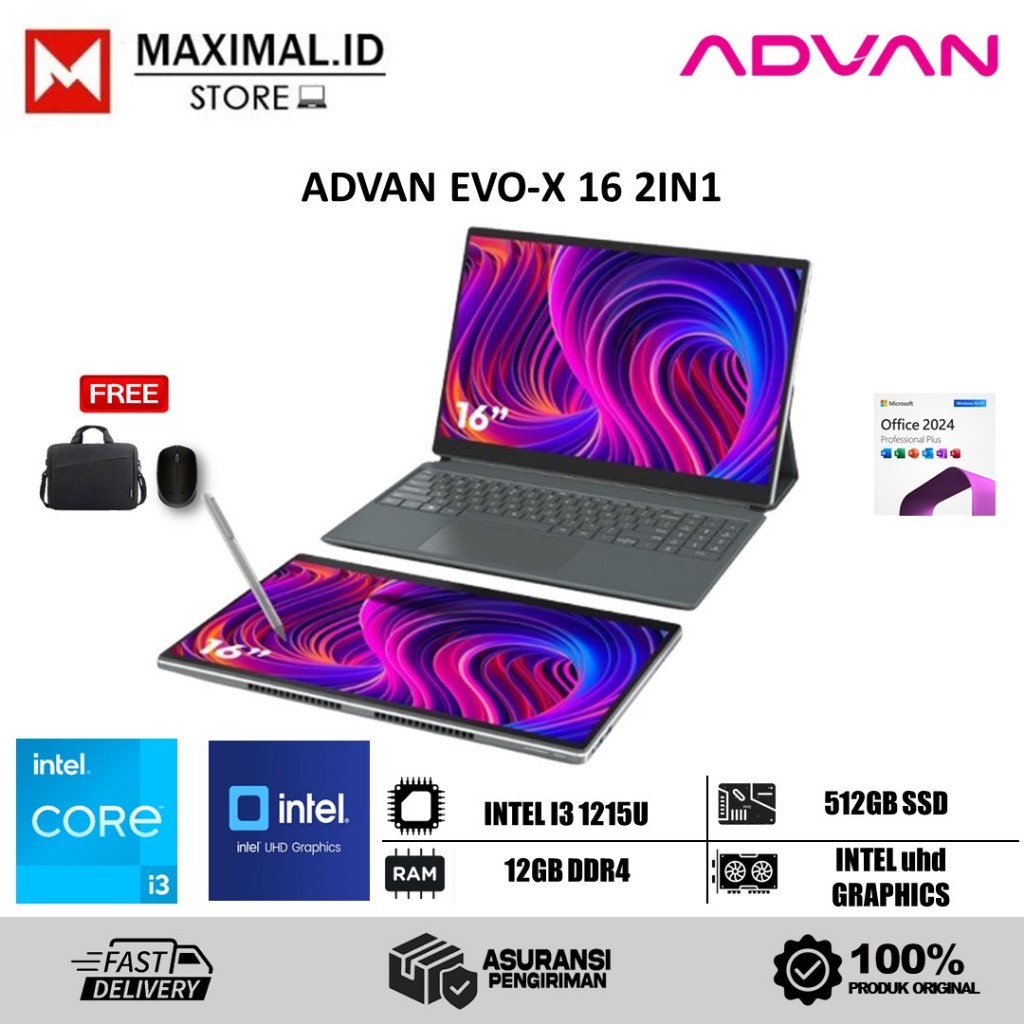 Laptop 2in1 ADVAN EVO-X 16” / EVO-X 13" Intel core i3 1215U Touch Screen 2.5K Display
