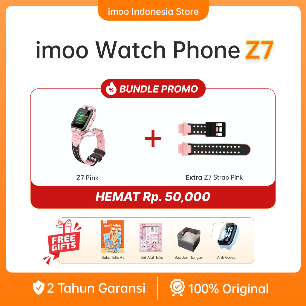 imoo Indonesia Z7 Pink Watch Phone + Strap Tali Jam Promo Bundle ORI Official Kids Smartwatch Jam Ta