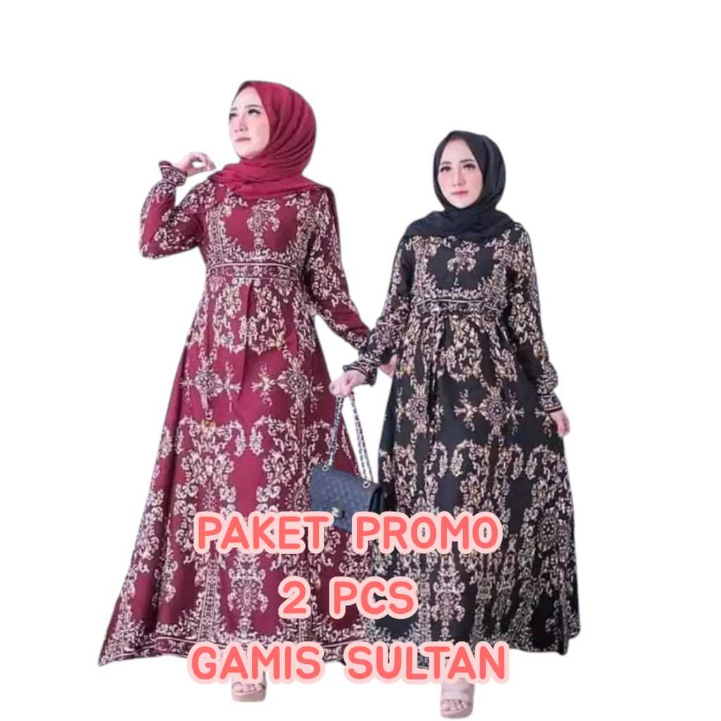 Paket Promo 2 Pcs Baju Gamis 2026 Model Terbaru Motif Batik Gamis Sultan Katun Mikro Fashion Muslim