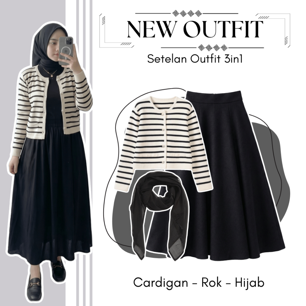 One Set Daily Wanita | Cardigan, Rok Mayung, Hijab | Outfit Hijab Casual, Setelan Outfit Wanita