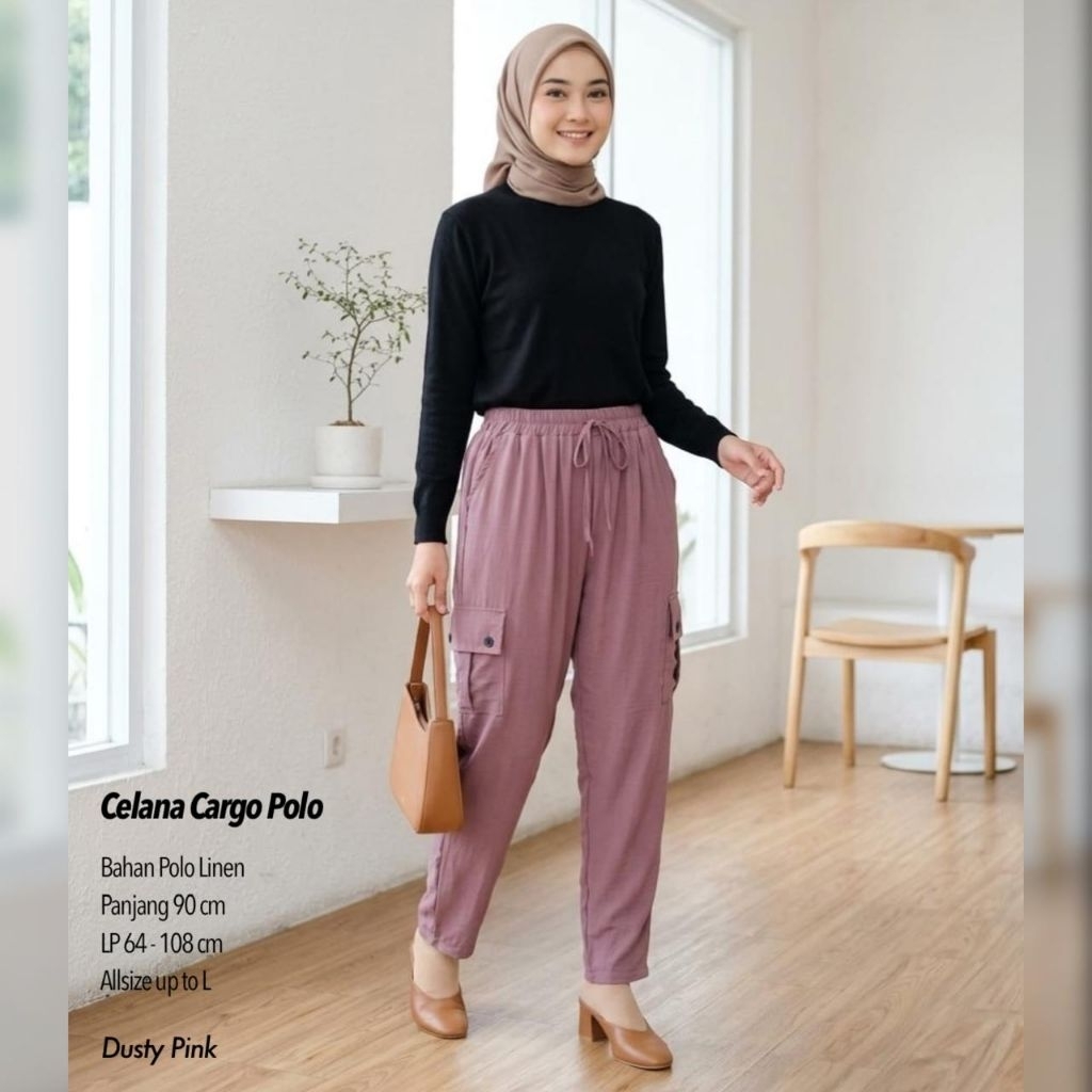 CELANA WANITA BAGGY CARGO POLO LINEN L+