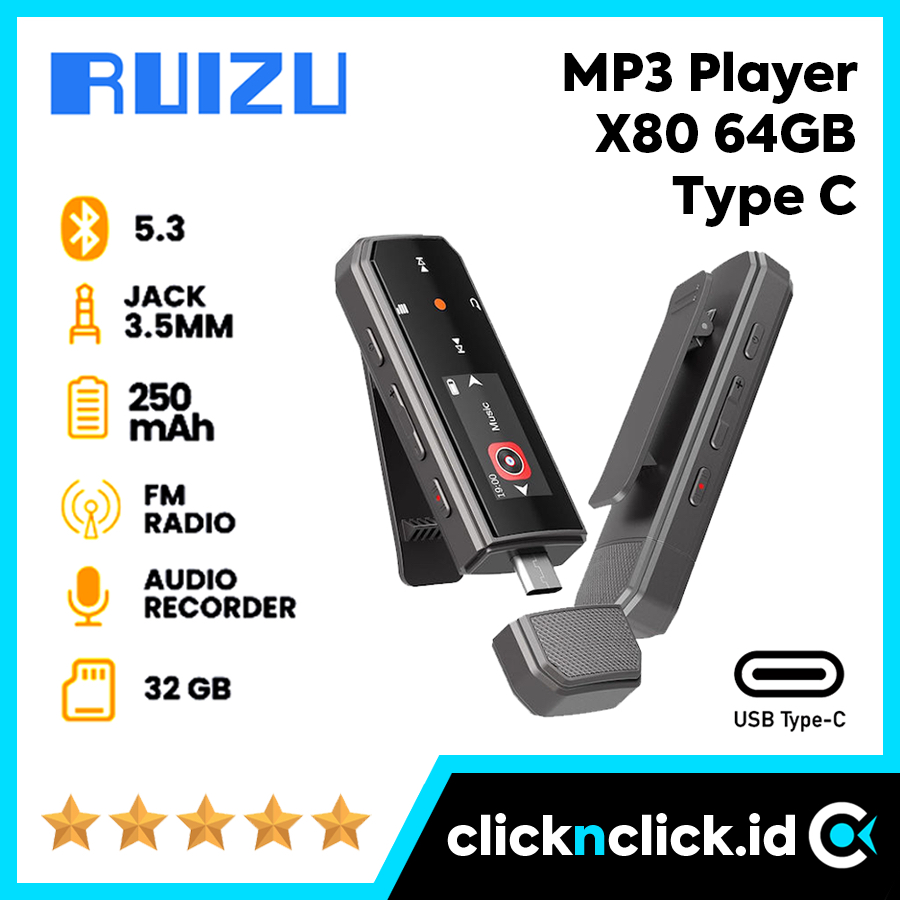 RUIZU X80 64GB - MP3 MP4 Player USB Type C Bluetooth 5.3 Voice Recorder Mini Portable HiFi DAP Digit