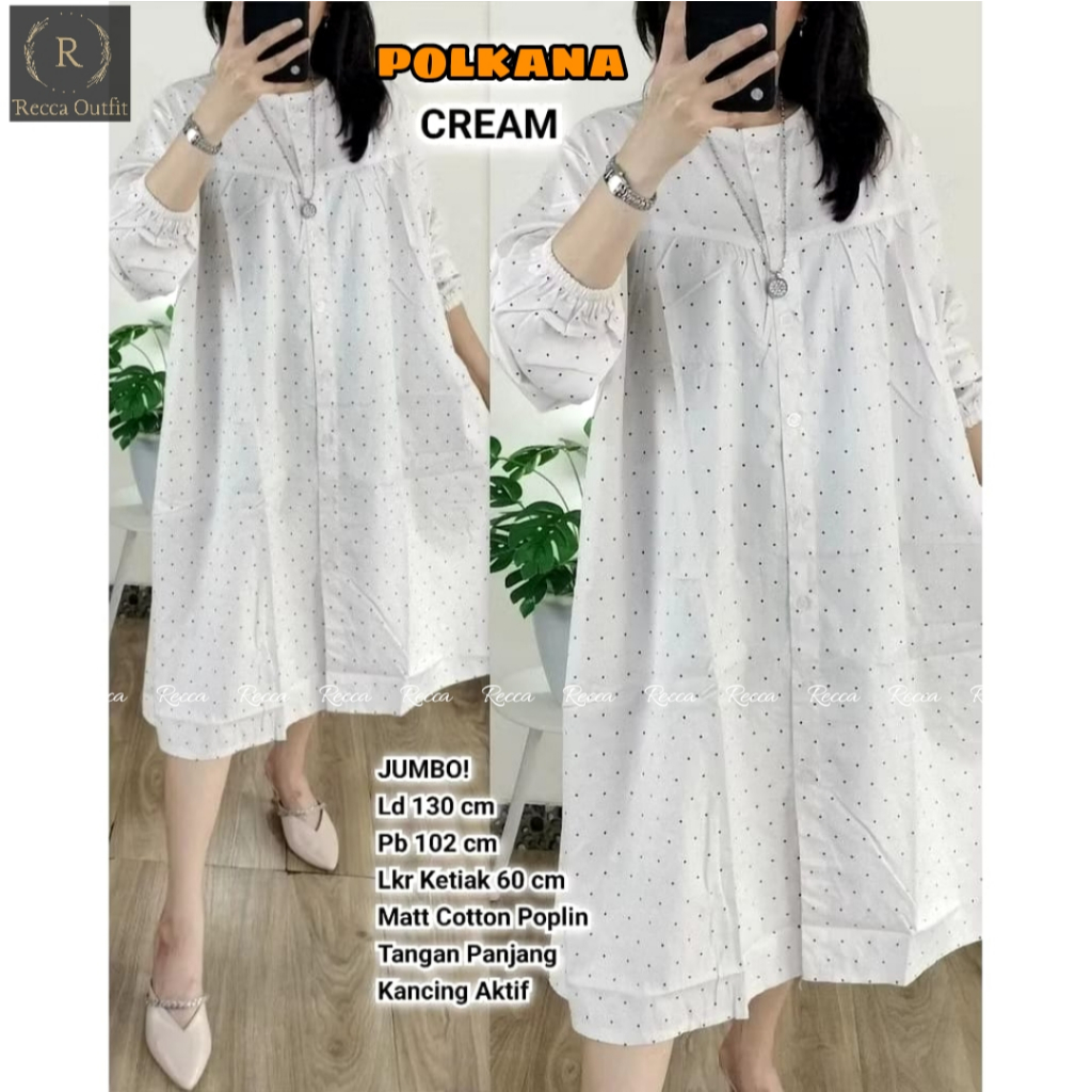 TUNIK KATUN POPLIN SUPER JUMBO LD 130 MOTIF POLKADOT TERBARU BAJU ATASAN WANITA LENGAN KERUT SIZE XX