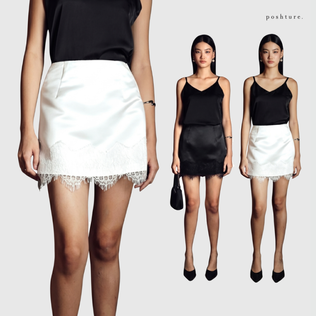 POSHTURE - Perilla Skirt | 2 colors | Rok Wanita | Rok Lace | Mini Skirt Renda | Rok Mini Hitam Puti
